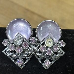 Vintage Selro Lavender Moonglow Lucite Rhinestone Earrings Repair 1950s